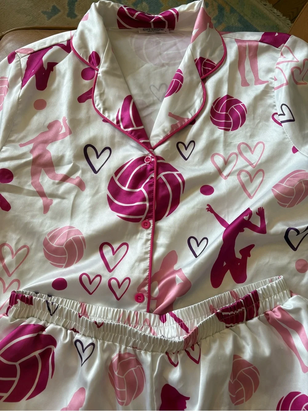 Pink Volleyball Print Satin Pajama Set